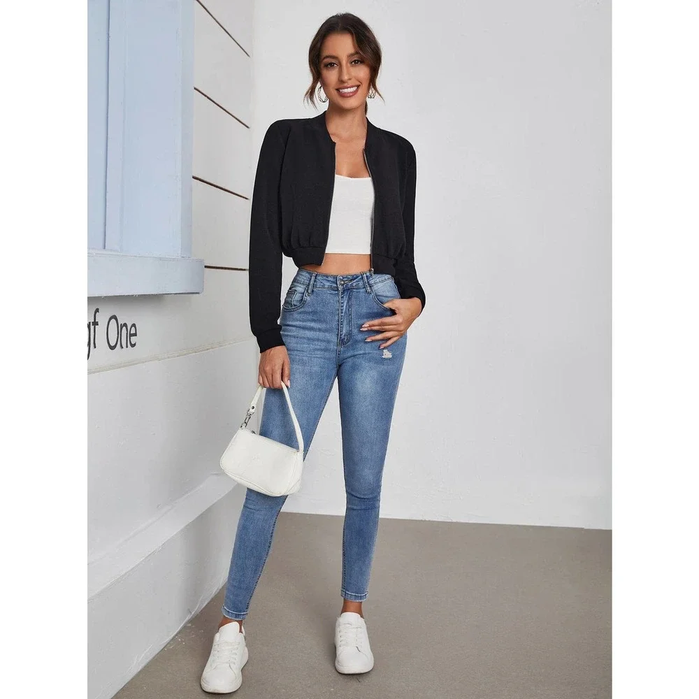 Zip Up Crop Bomber Jacket white 💙 - Picture 7 of 11